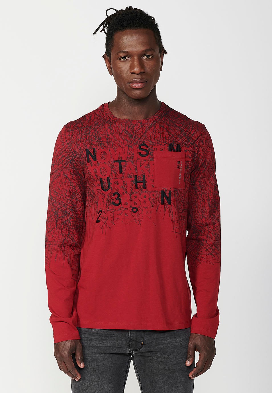 T-shirt en coton à manches longues, col rond avec ouverture et détail rouge sur le devant pour homme