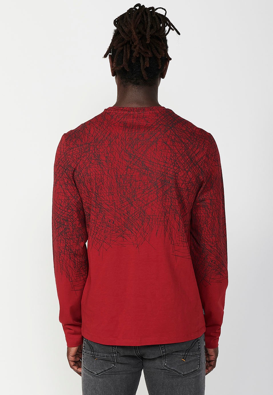 Men's Red Round Neck Cotton Long Sleeve T-Shirt with Slit and Front Detail