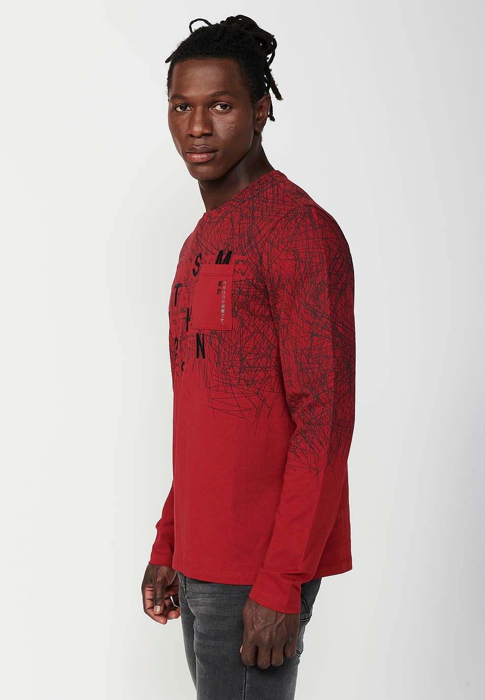 Men's Red Round Neck Cotton Long Sleeve T-Shirt with Slit and Front Detail