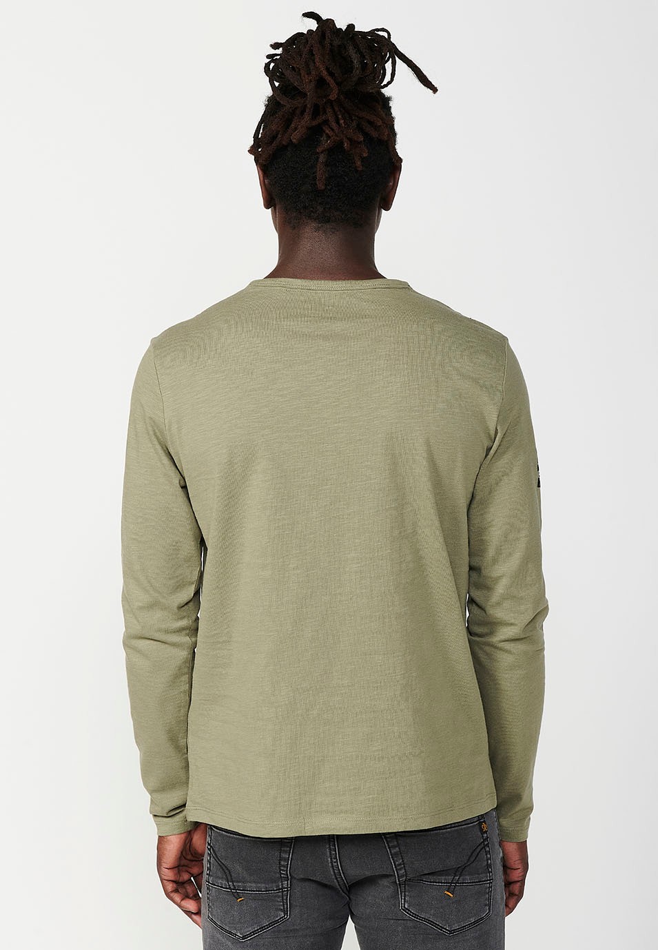 Men's Long Sleeve Crew Neck T-Shirt with Slit and Front Detail in Khaki 7