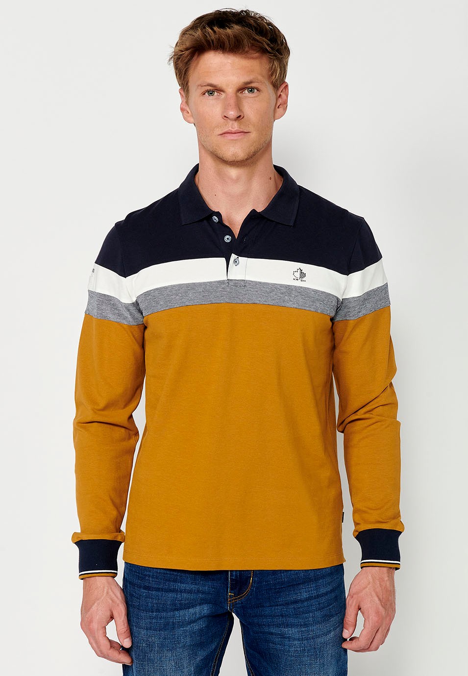 Men's Long Sleeve Cotton Polo Shirt with Shirt Collar and Side Slits in Ochre