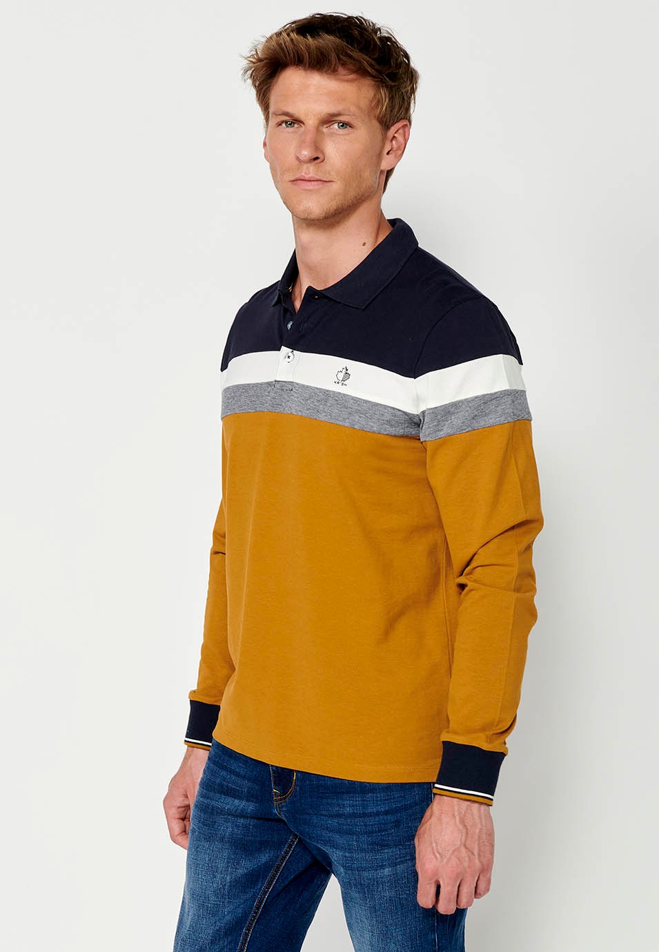 Men's Long Sleeve Cotton Polo Shirt with Shirt Collar and Side Slits in Ochre 2