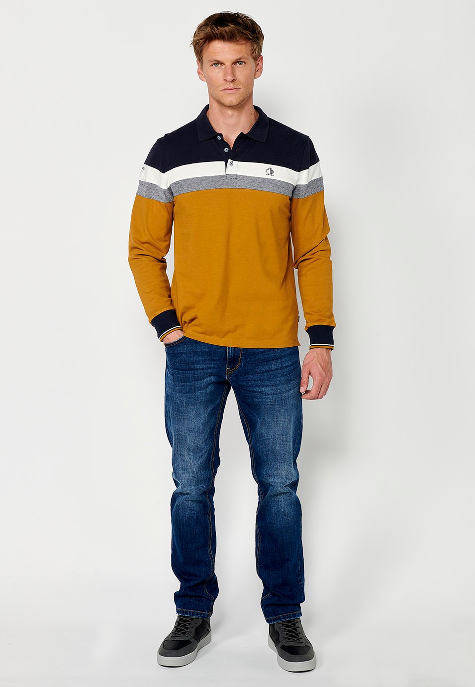 Men's Long Sleeve Cotton Polo Shirt with Shirt Collar and Side Slits in Ochre 3