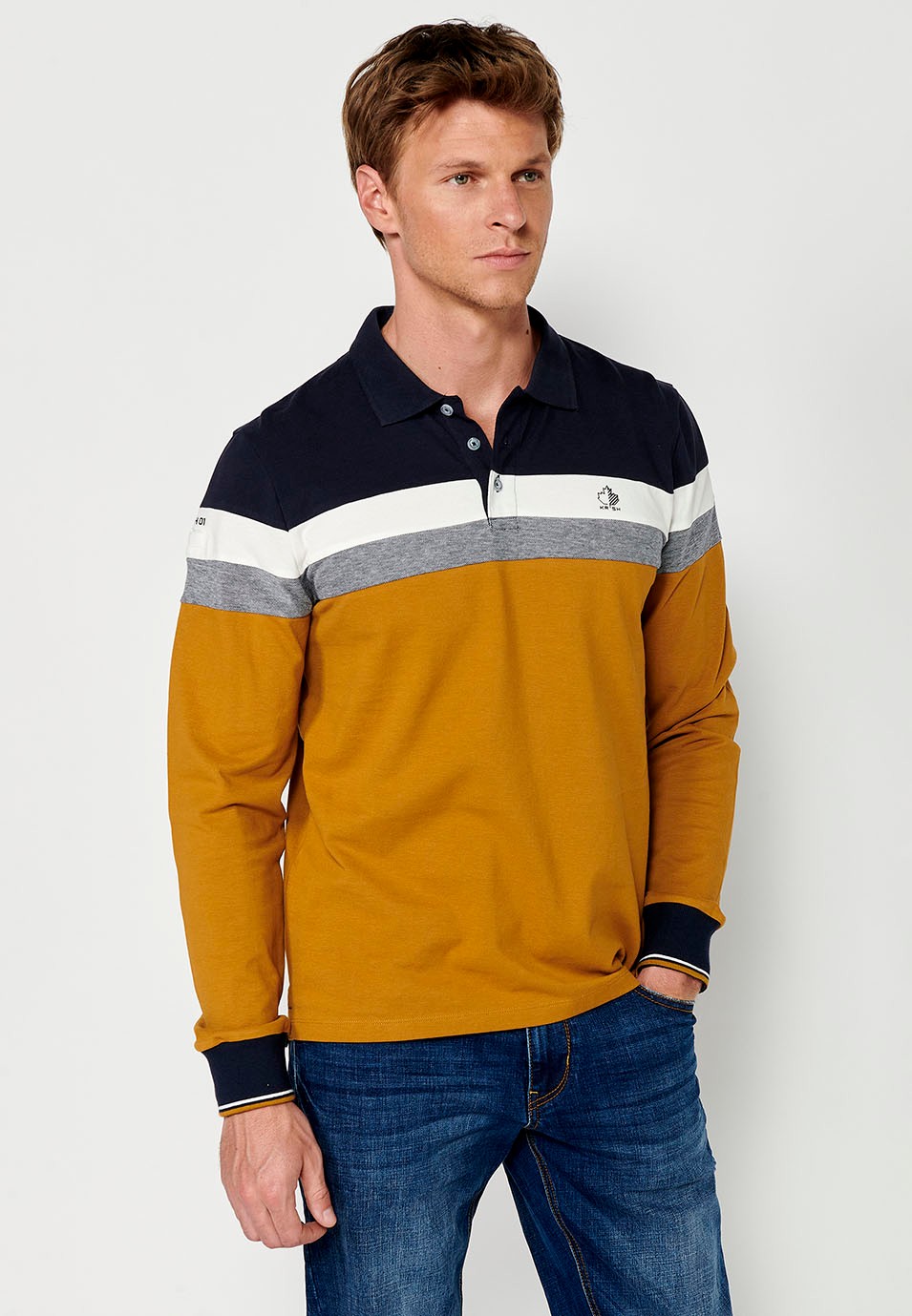 Men's Long Sleeve Cotton Polo Shirt with Shirt Collar and Side Slits in Ochre 1