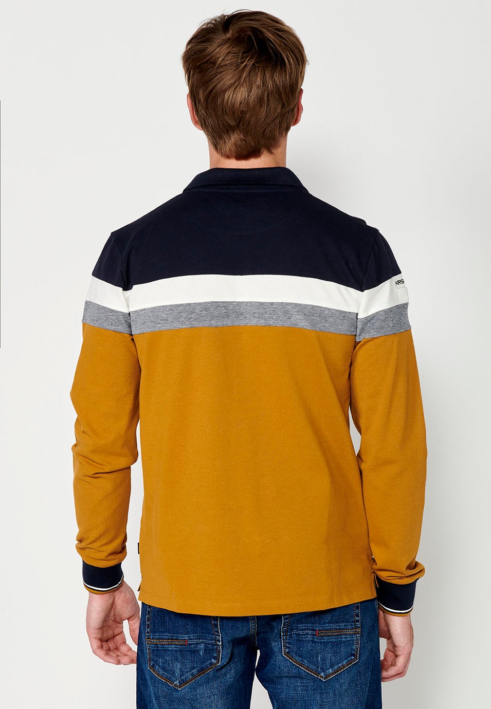 Men's Long Sleeve Cotton Polo Shirt with Shirt Collar and Side Slits in Ochre 6