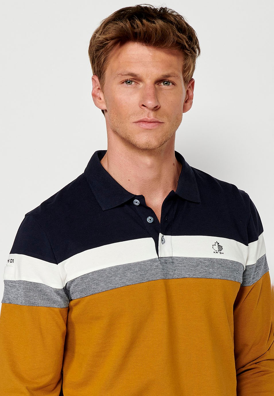 Men's Long Sleeve Cotton Polo Shirt with Shirt Collar and Side Slits in Ochre 4