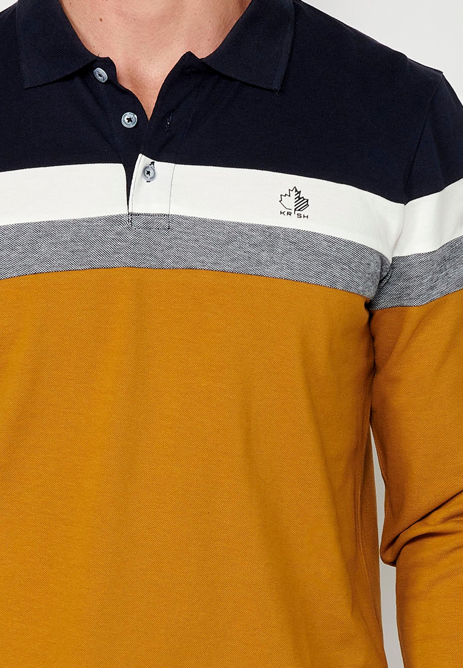 Men's Long Sleeve Cotton Polo Shirt with Shirt Collar and Side Slits in Ochre 7