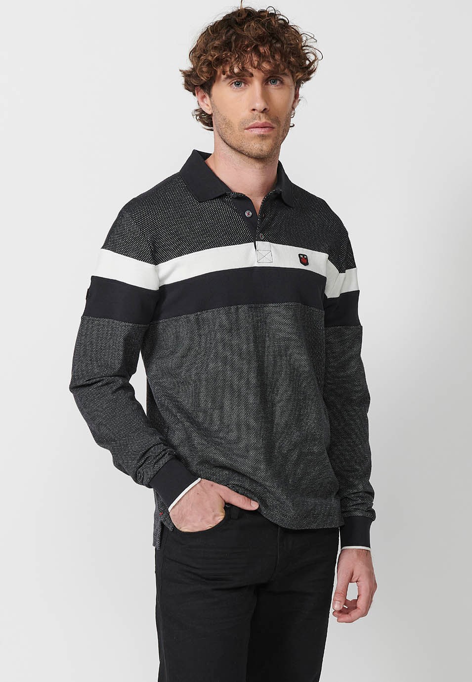 Polo de manga larga de Algodón con Cuello camisero y Franjas en el pecho color Negro para Hombre