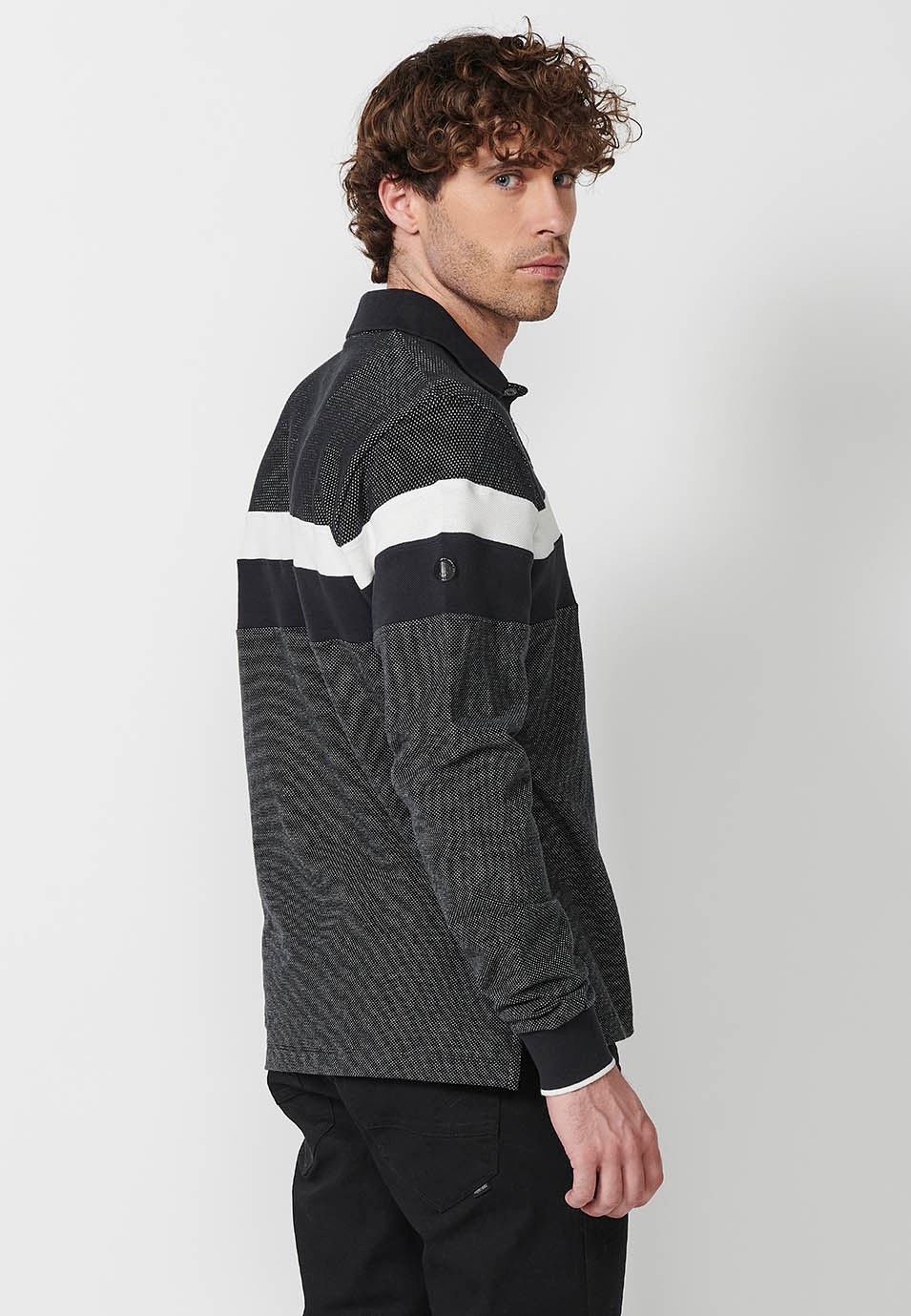 Polo de manga larga de Algodón con Cuello camisero y Franjas en el pecho color Negro para Hombre