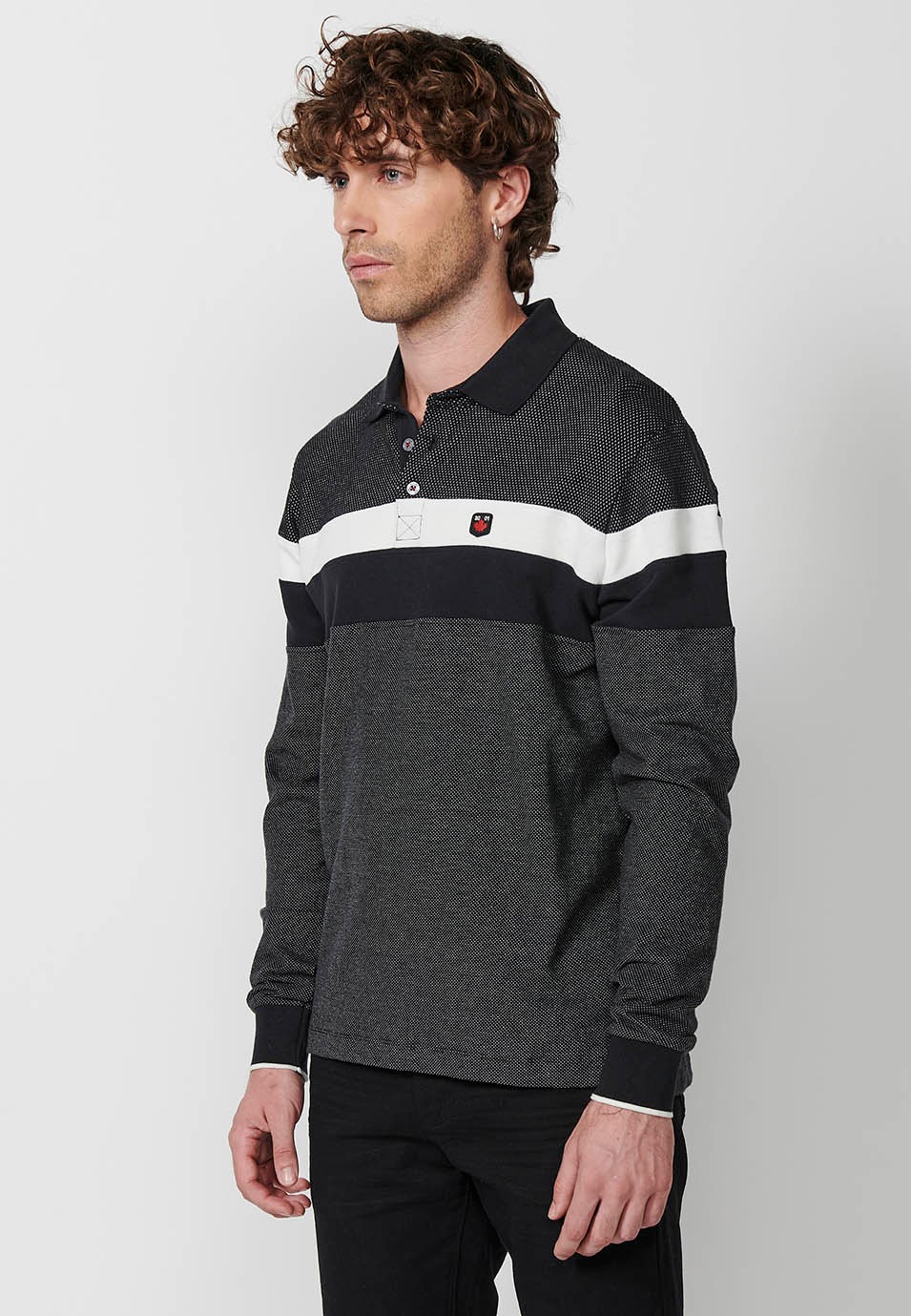 Polo de manga larga de Algodón con Cuello camisero y Franjas en el pecho color Negro para Hombre