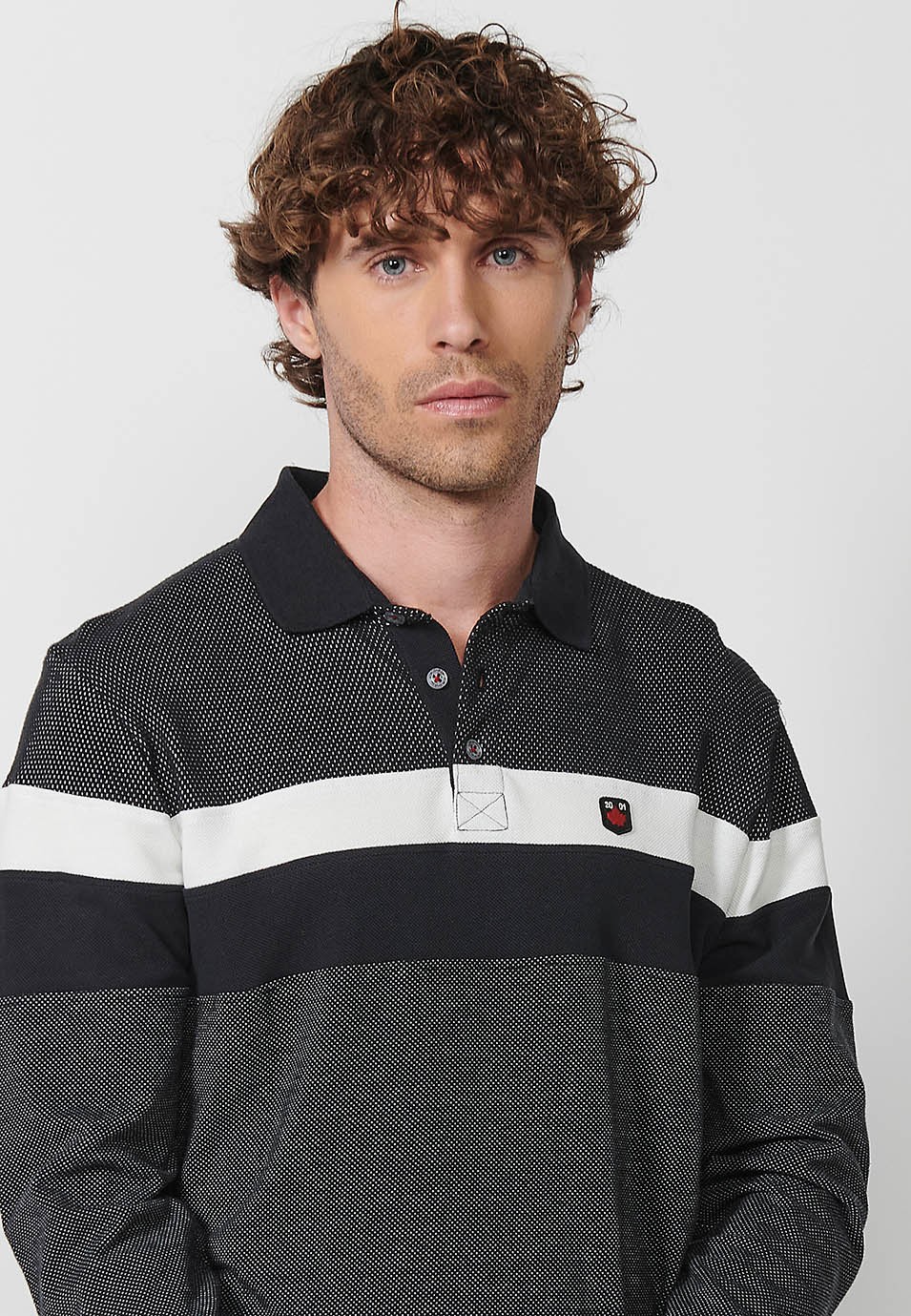 Polo de manga larga de Algodón con Cuello camisero y Franjas en el pecho color Negro para Hombre