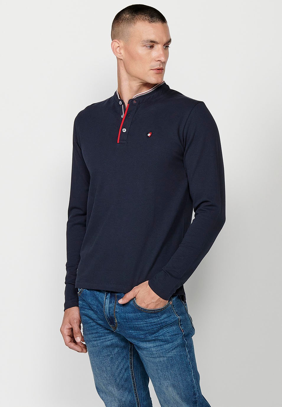 Men's Navy Cotton Long Sleeve Round Neck Button Down Polo Shirt