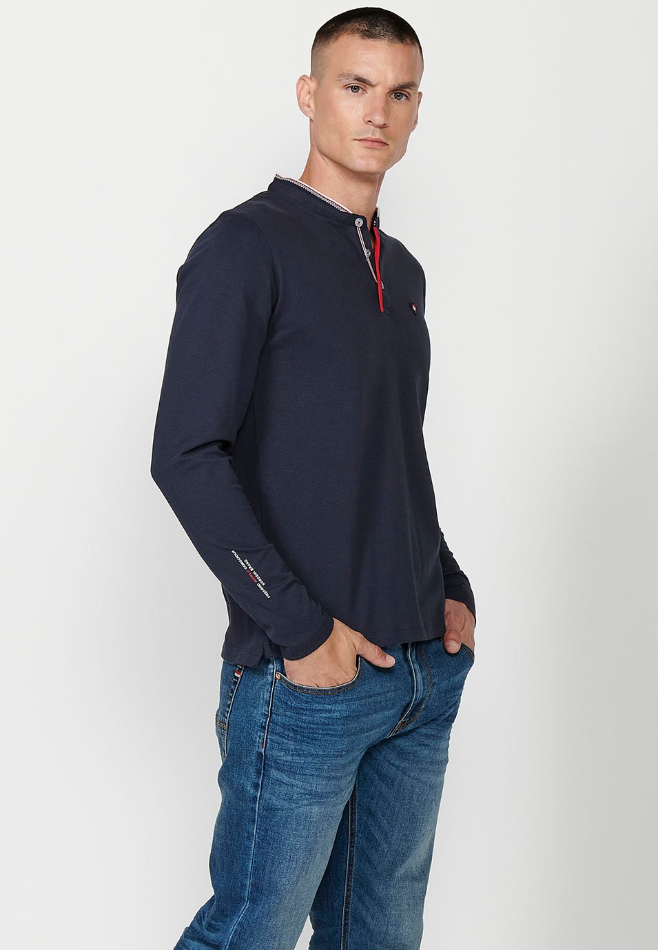 Polo à manches longues, col rond et ouverture boutonnée en coton bleu marine pour homme 2