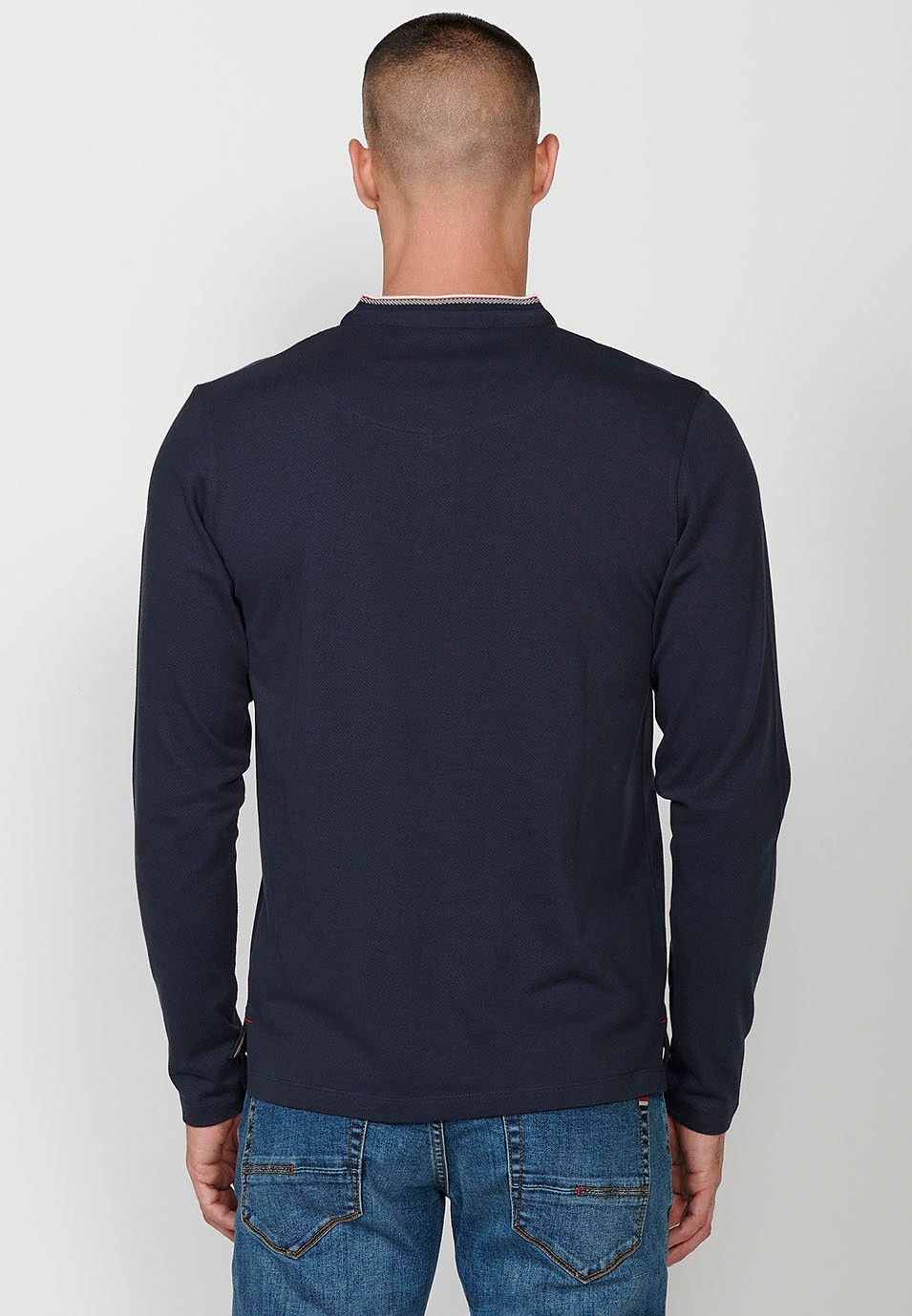 Polo à manches longues, col rond et ouverture boutonnée en coton bleu marine pour homme 6