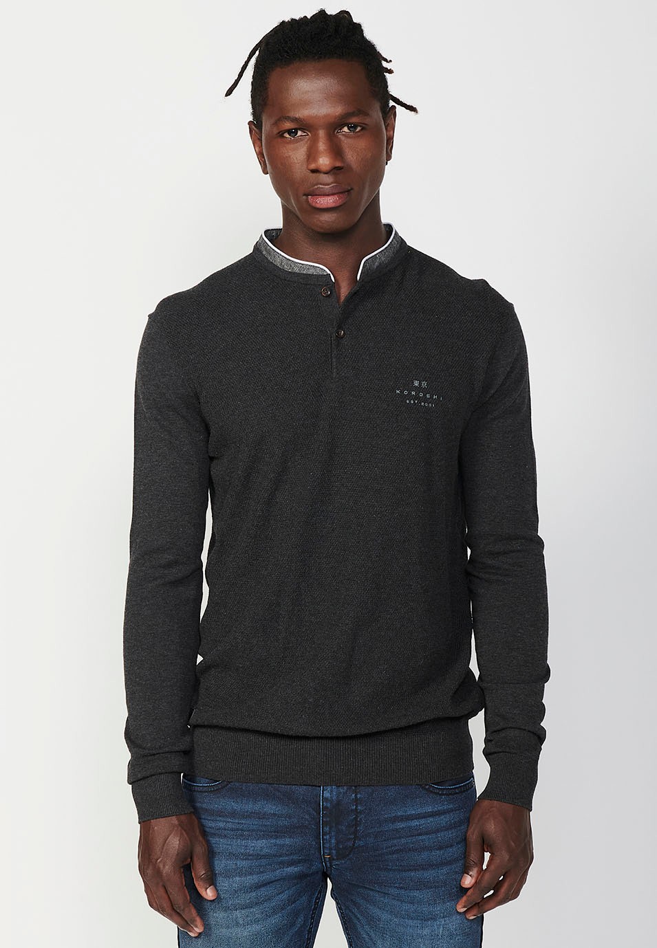 Polo Homme Noir Manches Longues Col Rond Ouverture Boutonnée 6