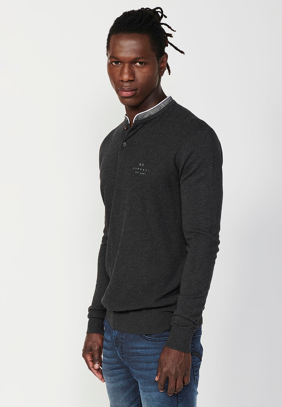 Polo Homme Noir Manches Longues Col Rond Ouverture Boutonnée 3