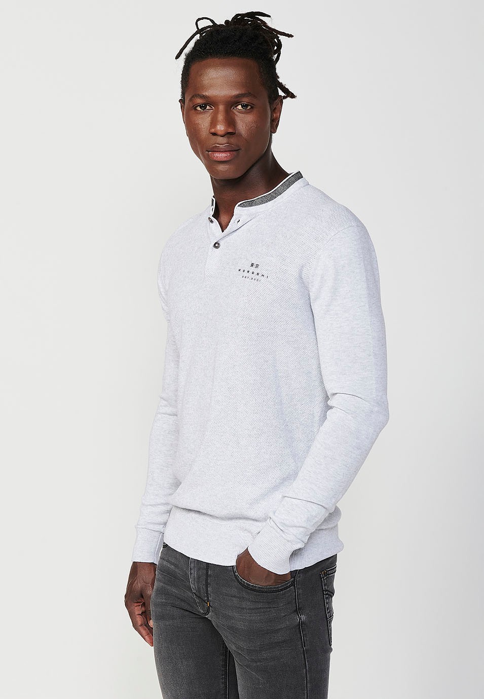 Polo Homme Écru Manches Longues Col Rond Ouverture Boutonnée