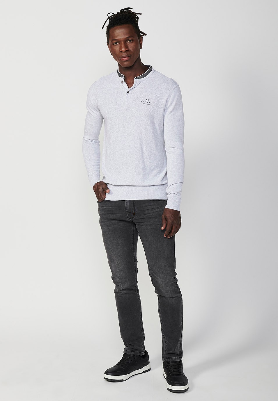 Polo Homme Écru Manches Longues Col Rond Ouverture Boutonnée 4