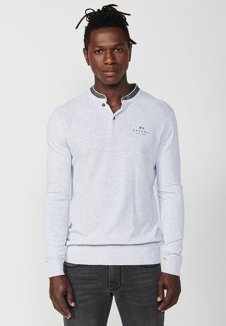 Polo Homme Écru Manches Longues Col Rond Ouverture Boutonnée 3