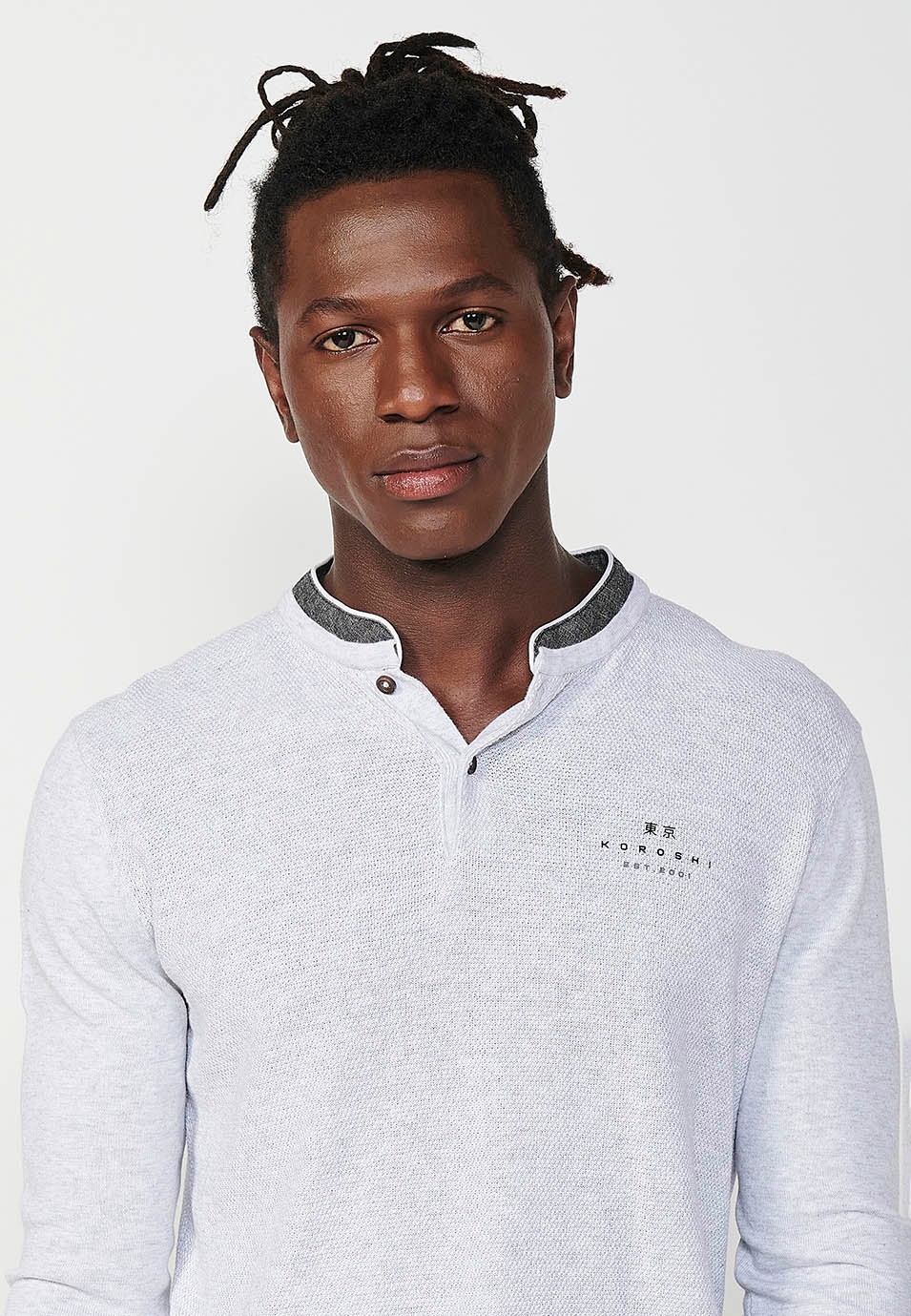 Polo Homme Écru Manches Longues Col Rond Ouverture Boutonnée 6