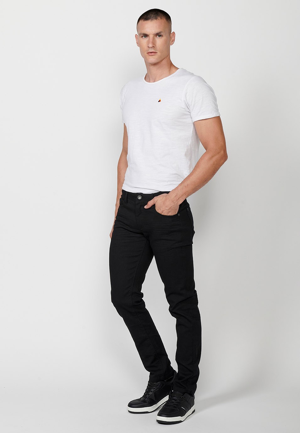 Straight Regular Fit Long Trousers with Five Pockets, One Match Pocket, and Front Zip and Button Closure in Black for Men