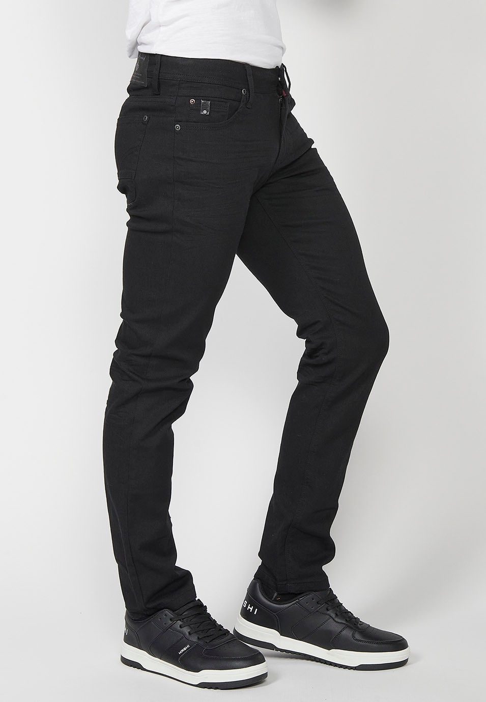 Straight Regular Fit Long Trousers with Five Pockets, One Match Pocket, and Front Zip and Button Closure in Black for Men 3