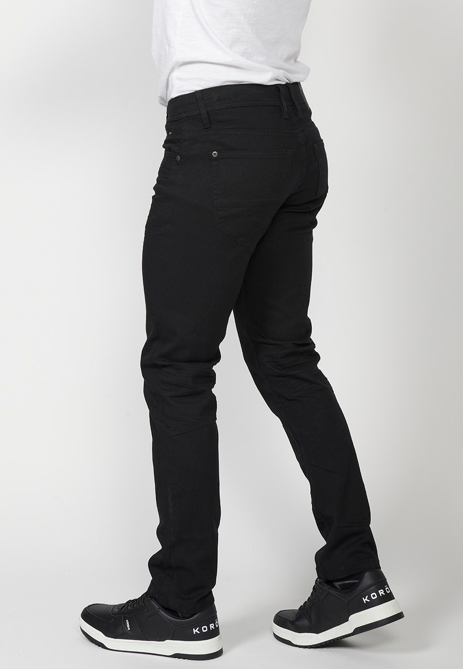 Straight Regular Fit Long Trousers with Five Pockets, One Match Pocket, and Front Zip and Button Closure in Black for Men 4