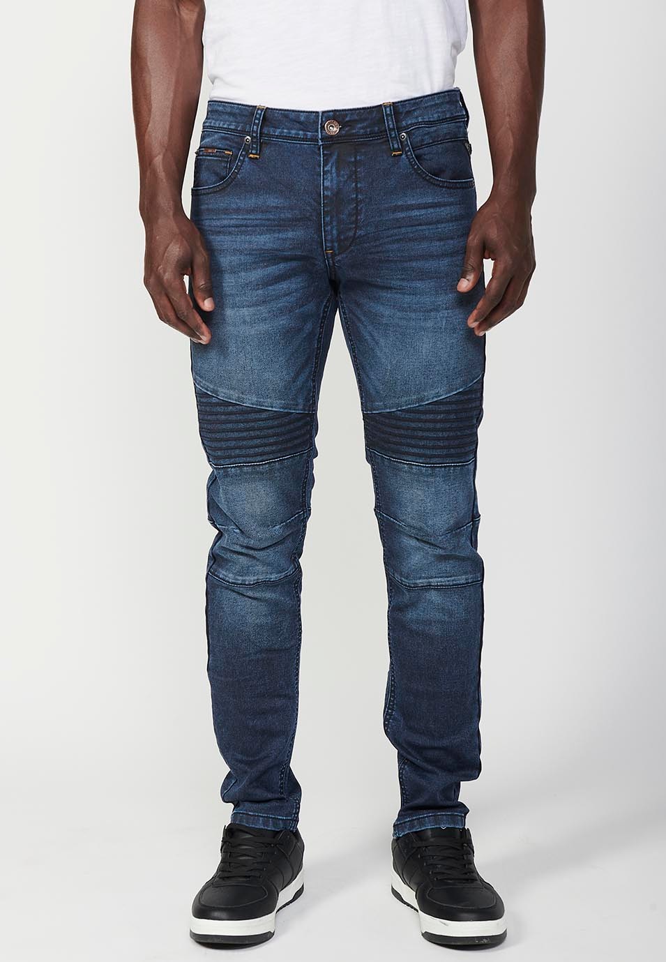 Pantalon motard long coupe skinny avec fermeture éclair et bouton sur le devant et détails sur les genoux en Bleu pour Homme