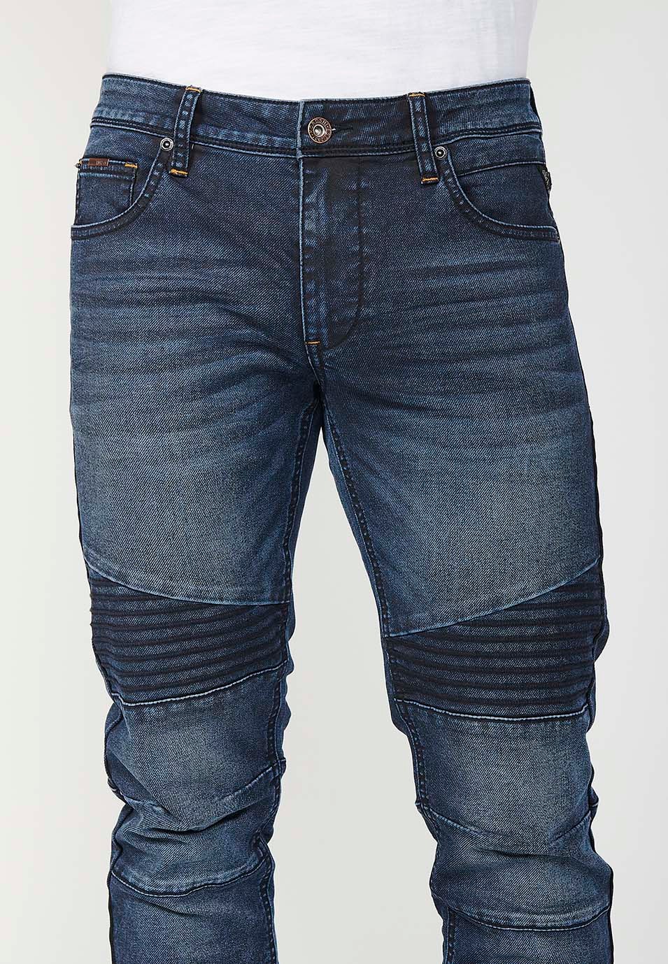 Pantalon motard long coupe skinny avec fermeture éclair et bouton sur le devant et détails sur les genoux en Bleu pour Homme