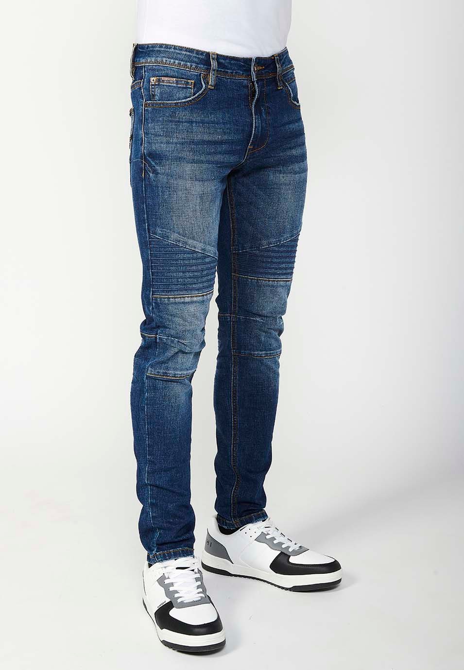 Pantalon motard long coupe skinny avec fermeture éclair et bouton sur le devant et détails sur les genoux en Bleu pour Homme