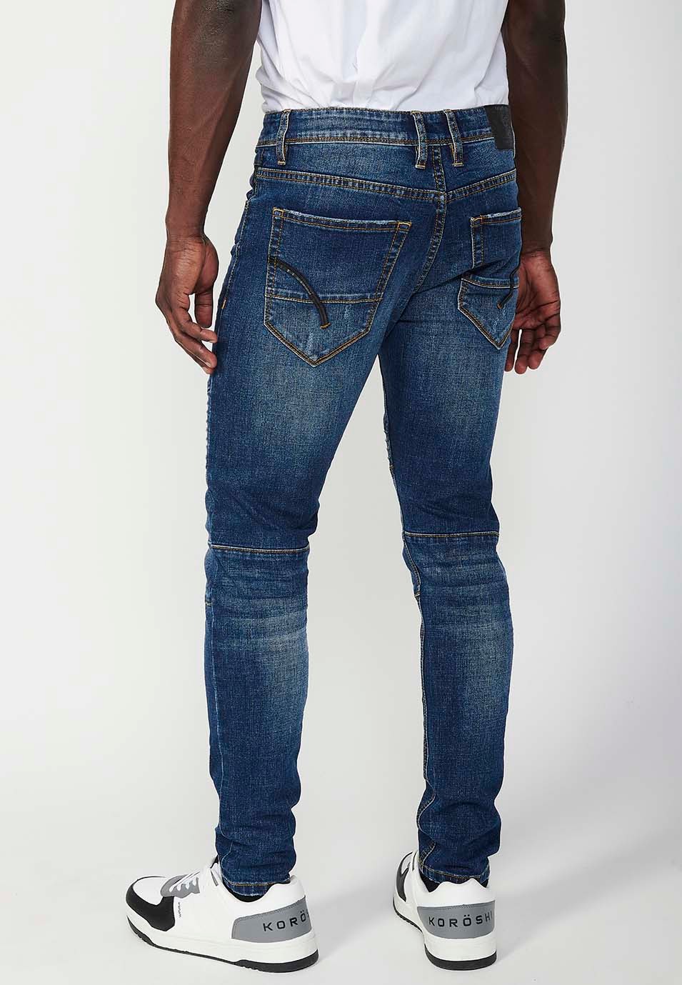 Pantalon motard long coupe skinny avec fermeture éclair et bouton sur le devant et détails sur les genoux en Bleu pour Homme