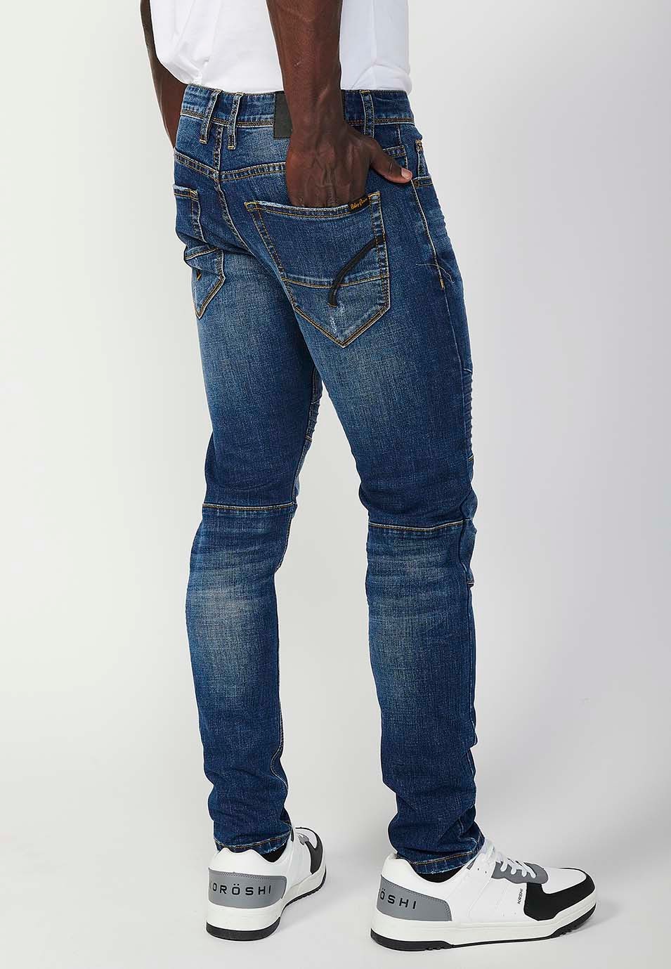 Pantalon motard long coupe skinny avec fermeture éclair et bouton sur le devant et détails sur les genoux en Bleu pour Homme