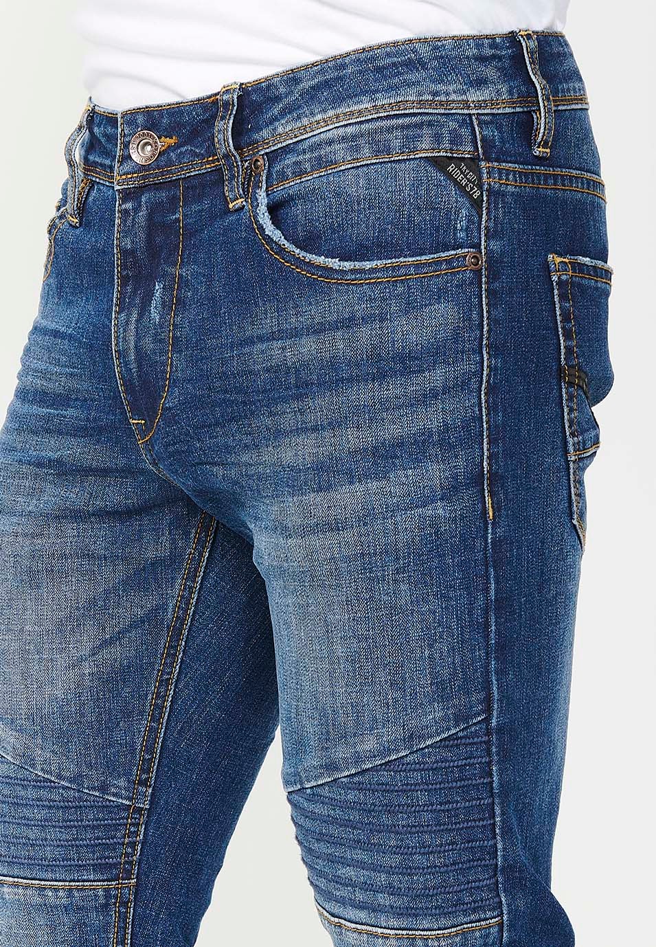 Pantalon motard long coupe skinny avec fermeture éclair et bouton sur le devant et détails sur les genoux en Bleu pour Homme