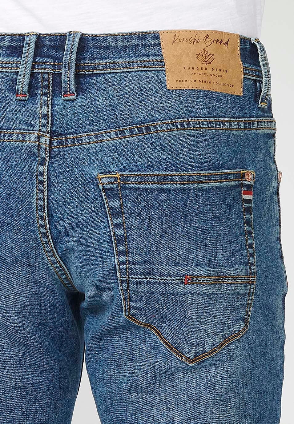 Pantalon droit en denim coupe régulière avec fermeture éclair sur le devant et fermeture boutonnée avec poches bleues pour homme