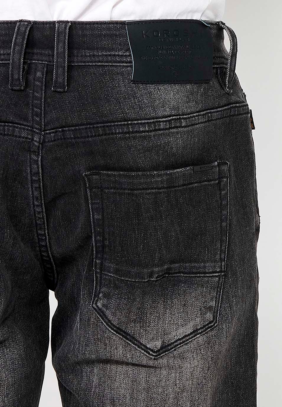 Pantalon long droit en denim coupe régulière avec fermeture éclair et bouton sur le devant et cinq poches, une poche, couleur Noir pour Homme