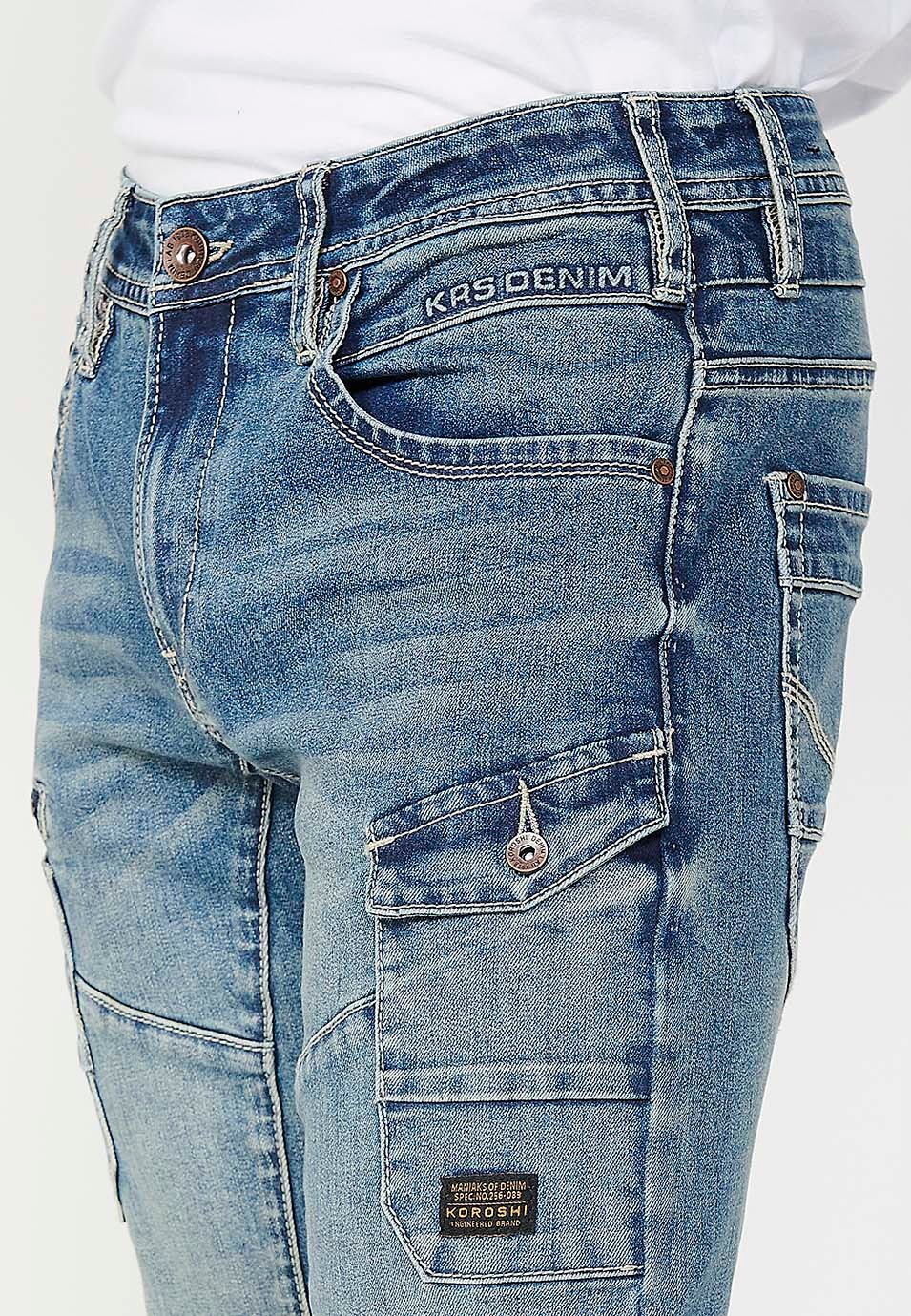 Pantalon long cargo de travail coupe régulière avec fermeture éclair sur le devant et fermeture boutonnée et poches en bleu pour homme