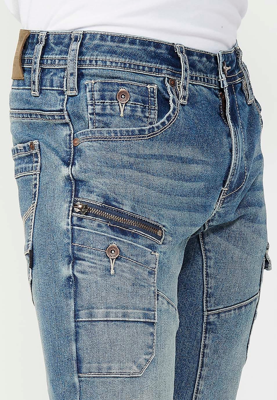 Pantalon long cargo de travail coupe régulière avec fermeture éclair sur le devant et fermeture boutonnée et poches en bleu pour homme