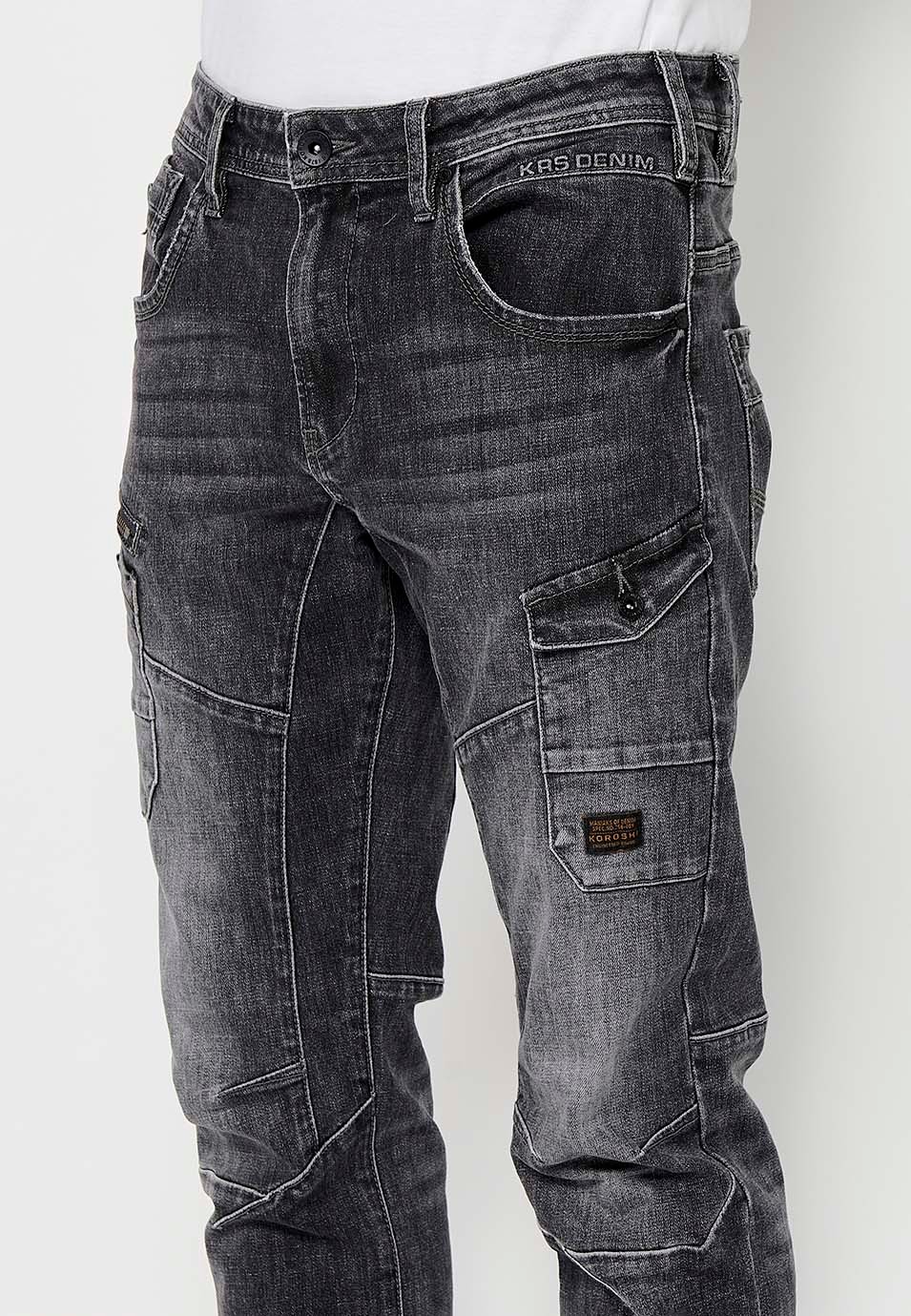 Pantalon cargo long en denim Workwear coupe classique avec fermeture éclair sur le devant, fermeture boutonnée et détails de poches en Noir pour homme