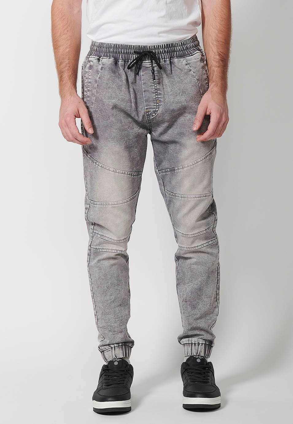 Men's grey adjustable elasticated drawstring long jogger pants 7