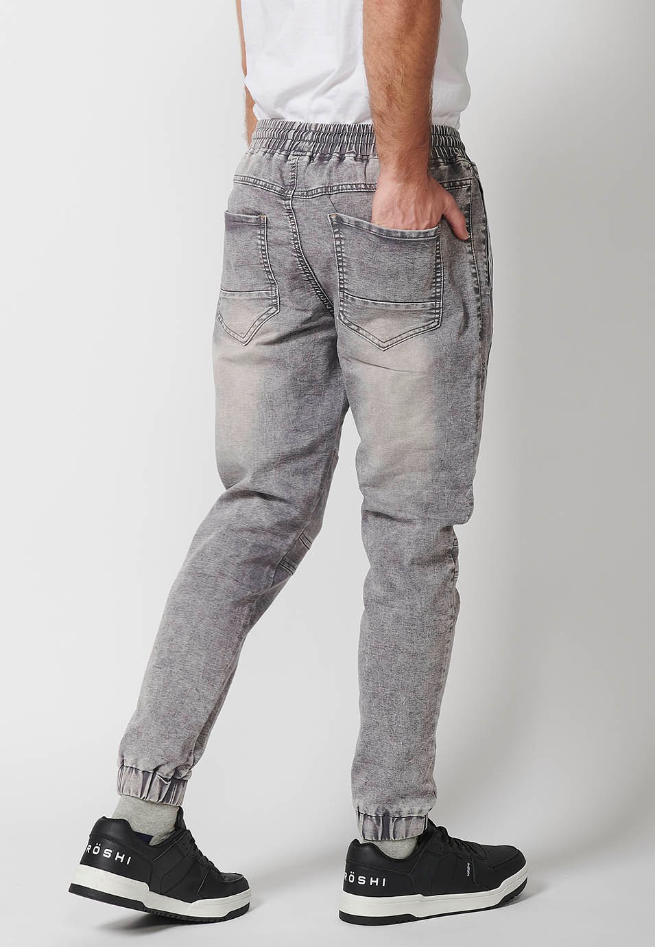 Men's grey adjustable elasticated drawstring long jogger pants 6