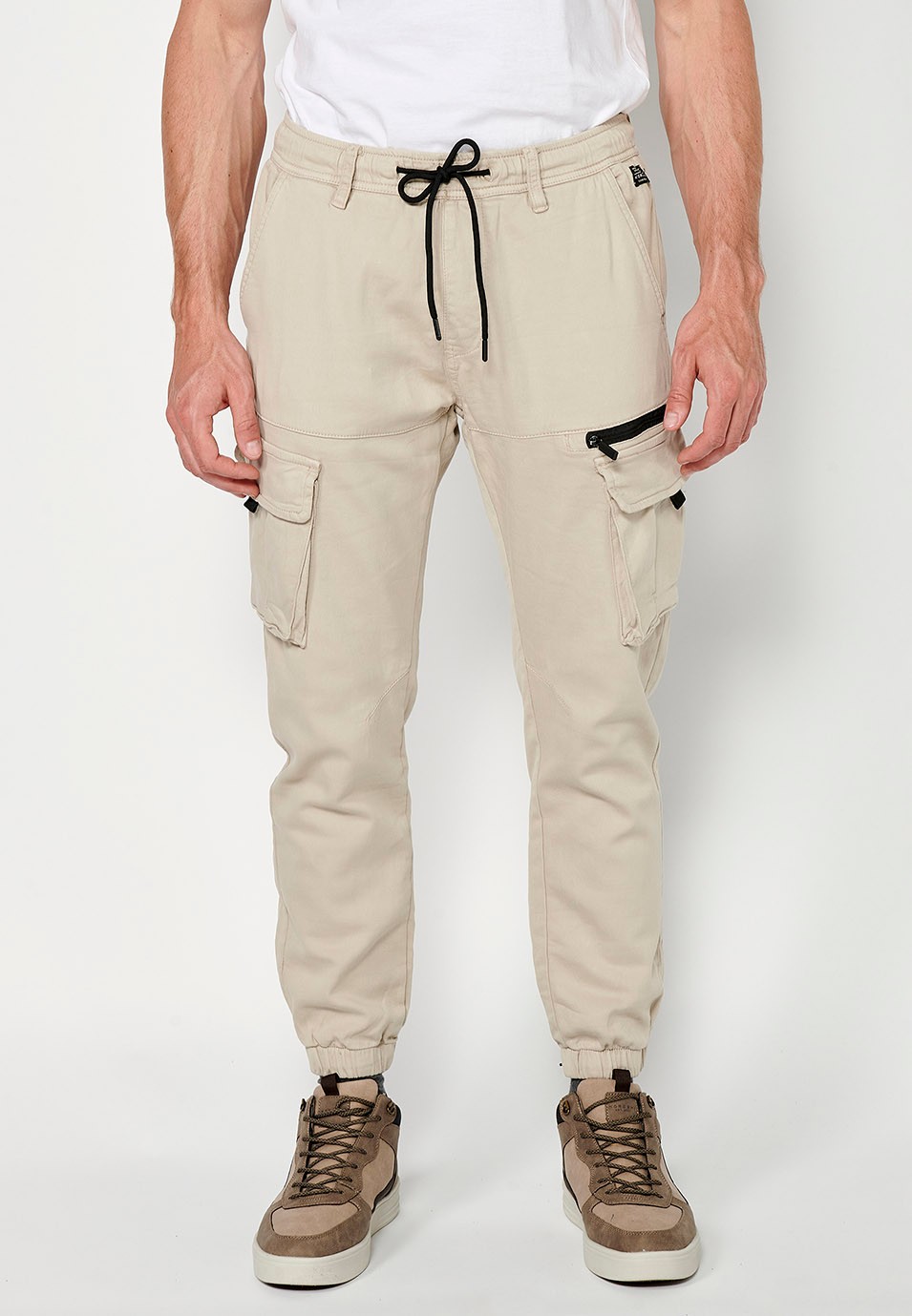 Men's beige jogger long pants with elastic waist and ankles and pockets 2