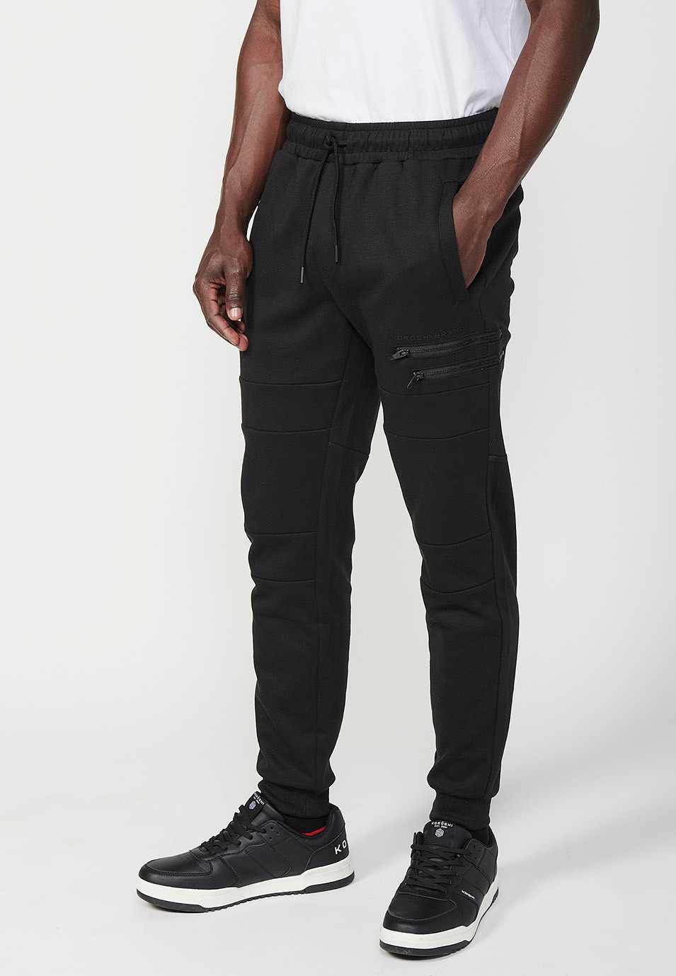 Men's Black Rubberized Waistband Jogger Long Pants with Knee Seam Pockets 3