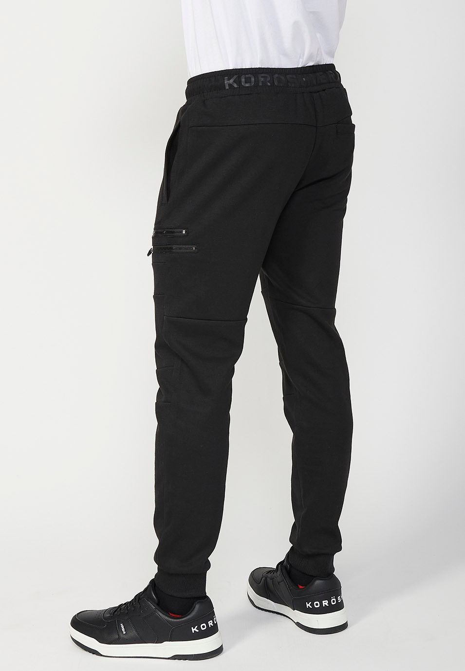 Men's Black Rubberized Waistband Jogger Long Pants with Knee Seam Pockets 7