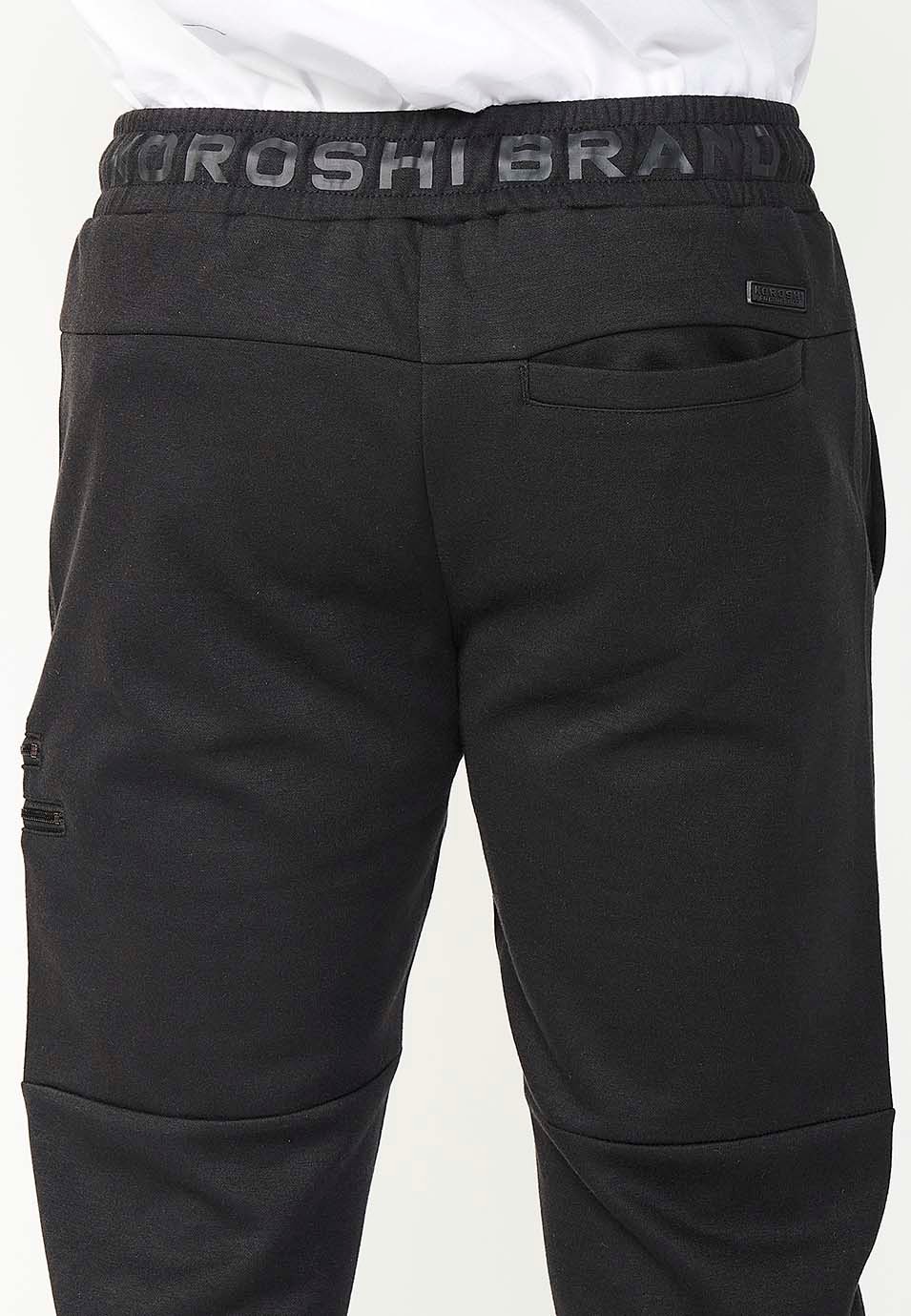 Men's Black Rubberized Waistband Jogger Long Pants with Knee Seam Pockets 8