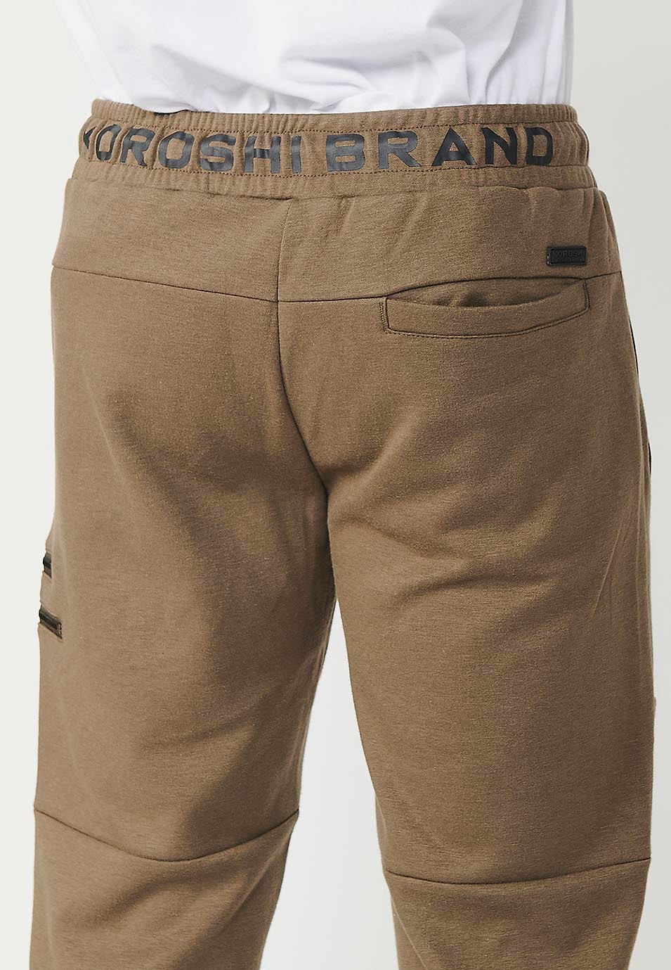 Brown Men's Jogger Long Pants With Rubberized Waistband And Knee-Seam Pockets