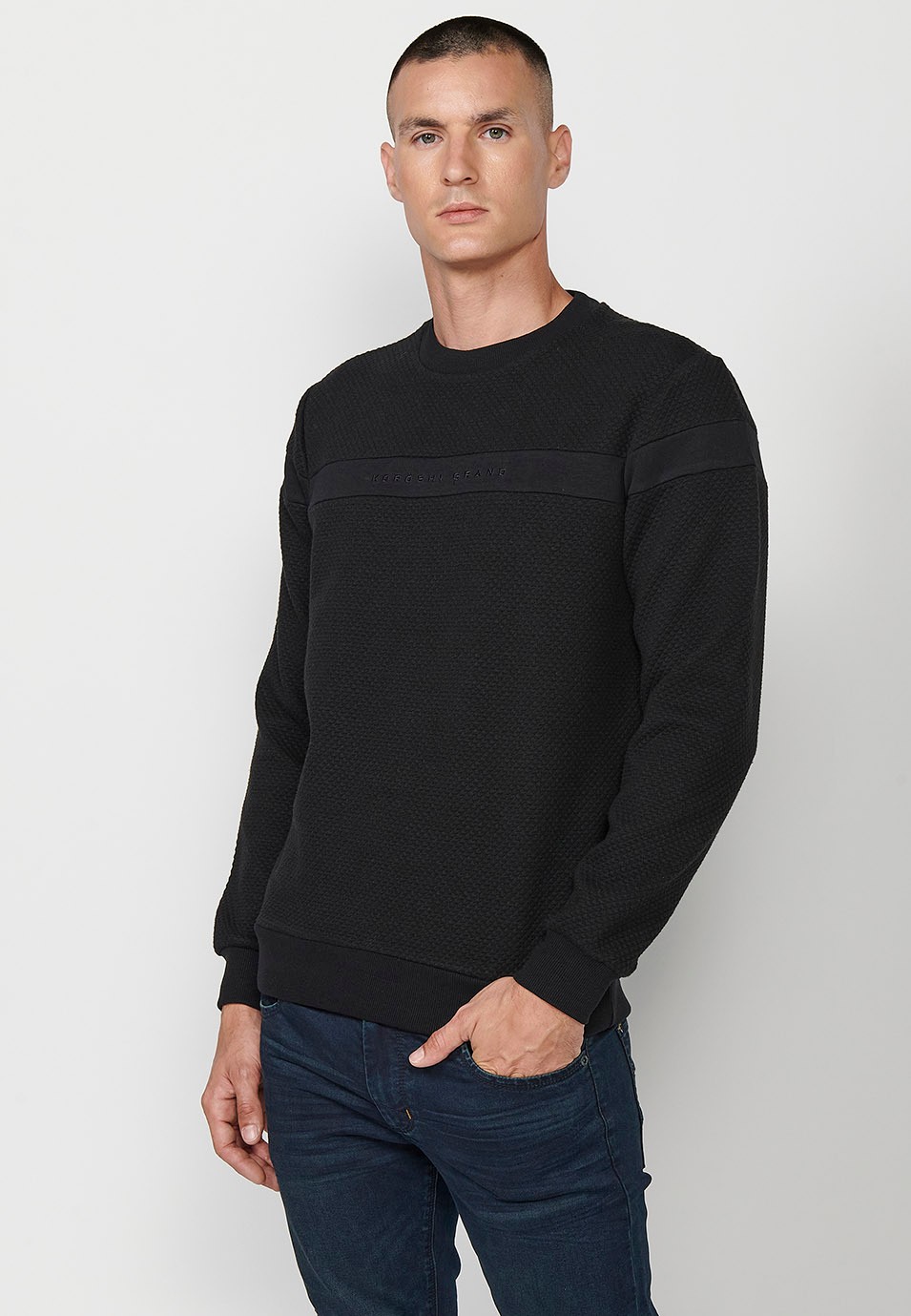 Men's Black Long Sleeve Crew Neck Sweatshirt with Front Detail