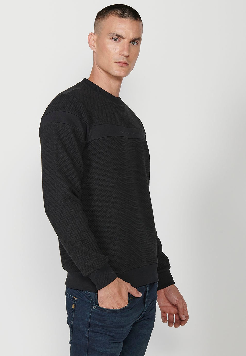 Men's Black Long Sleeve Crew Neck Sweatshirt with Front Detail 4