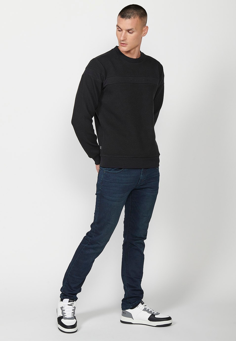 Men's Black Long Sleeve Crew Neck Sweatshirt with Front Detail 1