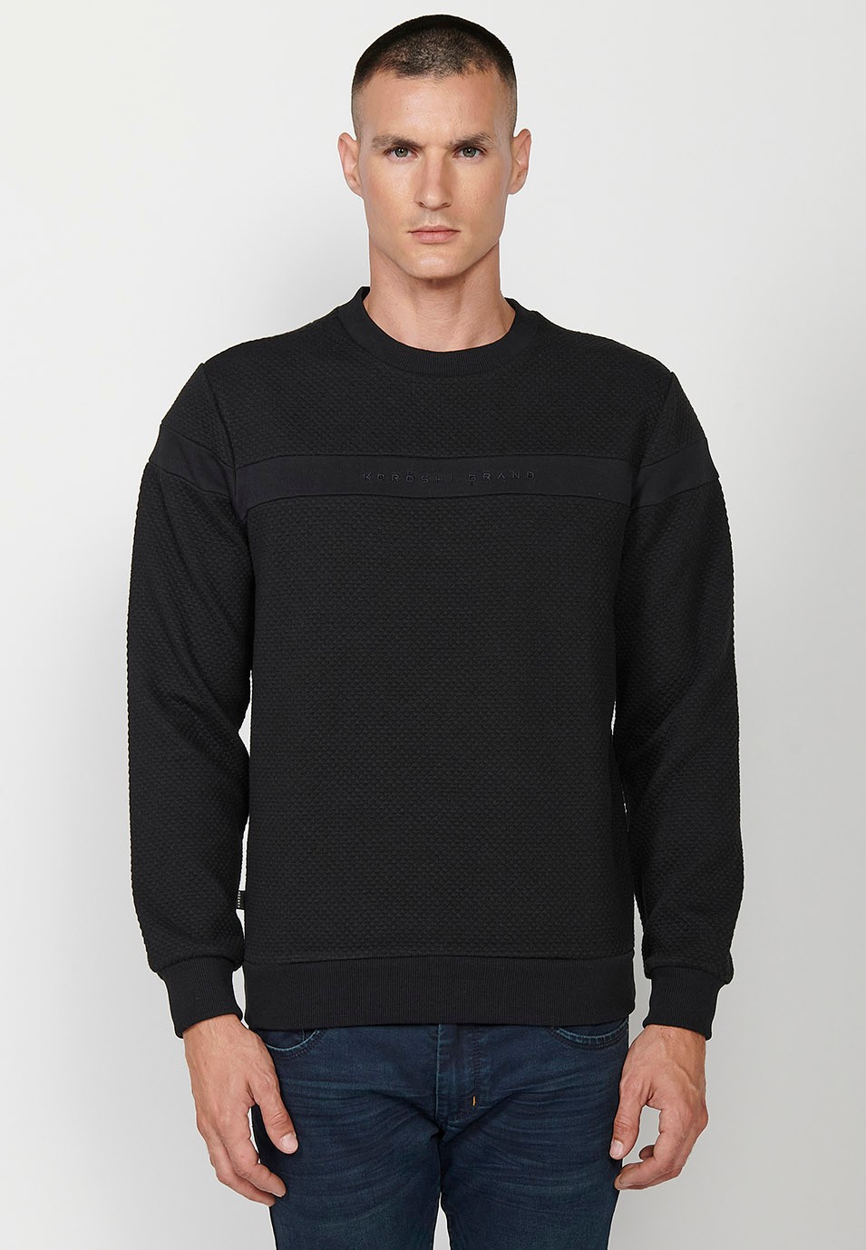 Men's Black Long Sleeve Crew Neck Sweatshirt with Front Detail 2