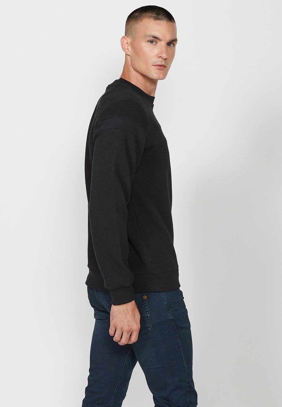 Men's Black Long Sleeve Crew Neck Sweatshirt with Front Detail 3